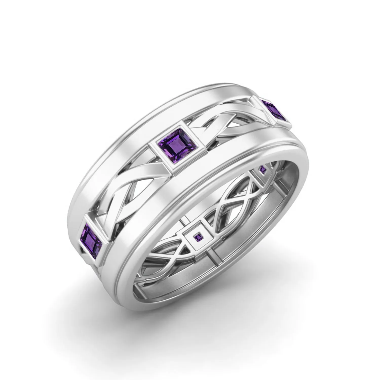 0.30 Ctw Square Amethyst Wisdom Band 925 Sterling Silver Ring