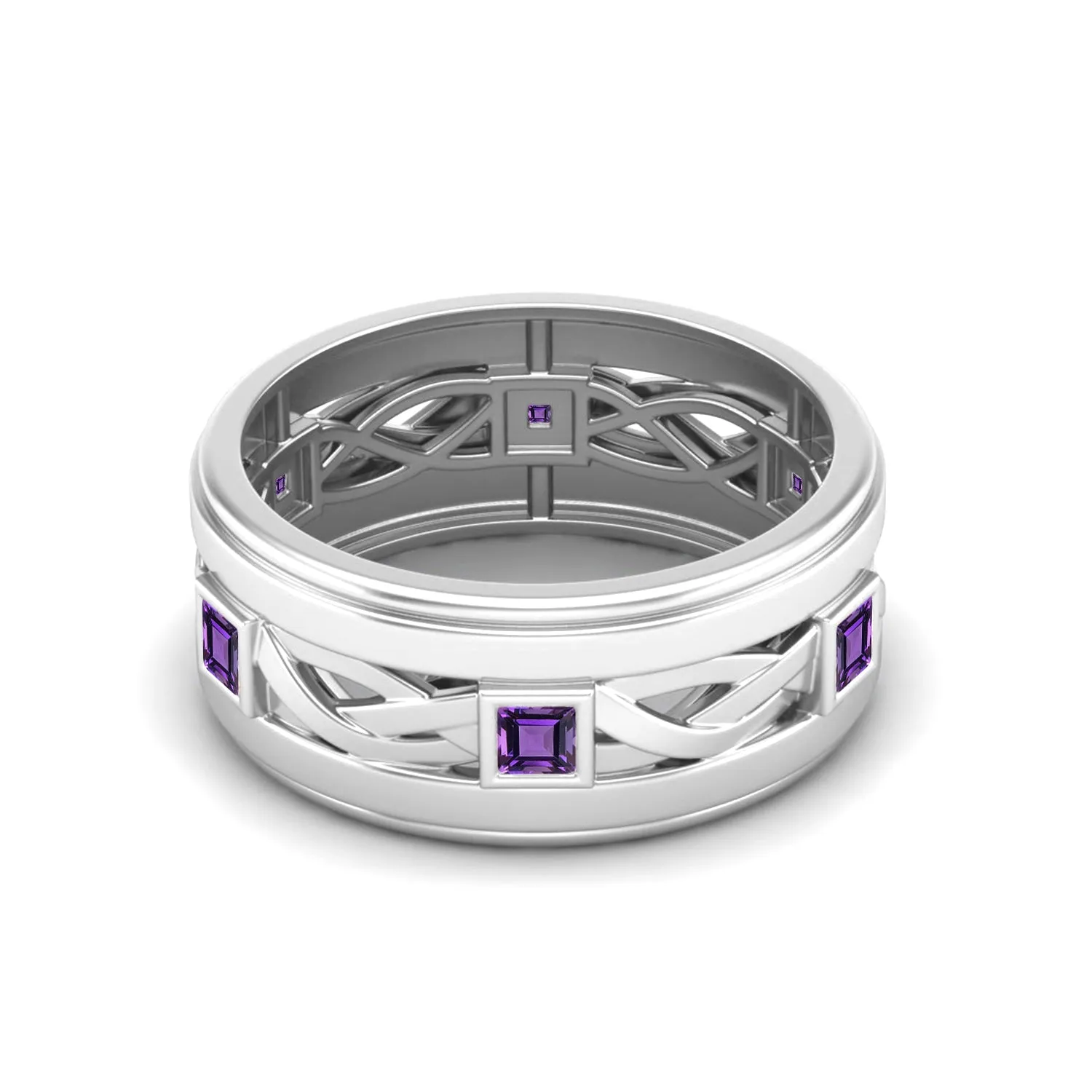 0.30 Ctw Square Amethyst Wisdom Band 925 Sterling Silver Ring