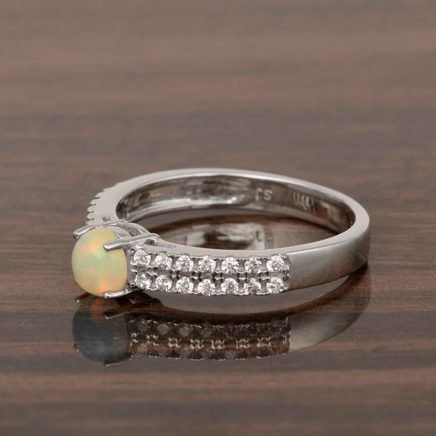0.45 Ctw Round Opal Birthstone 925 Sterling Silver Solitaire Accents Ring