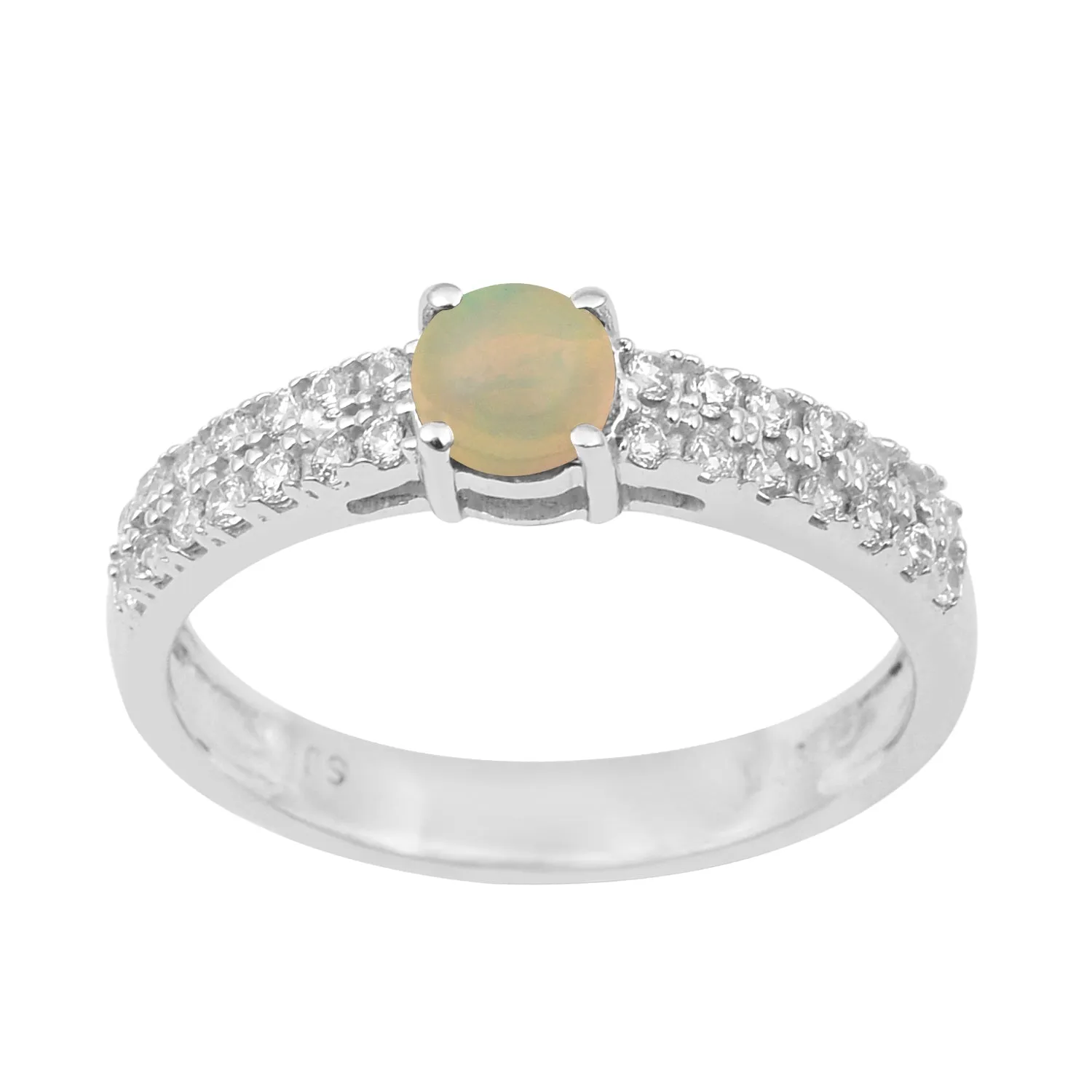 0.45 Ctw Round Opal Birthstone 925 Sterling Silver Solitaire Accents Ring