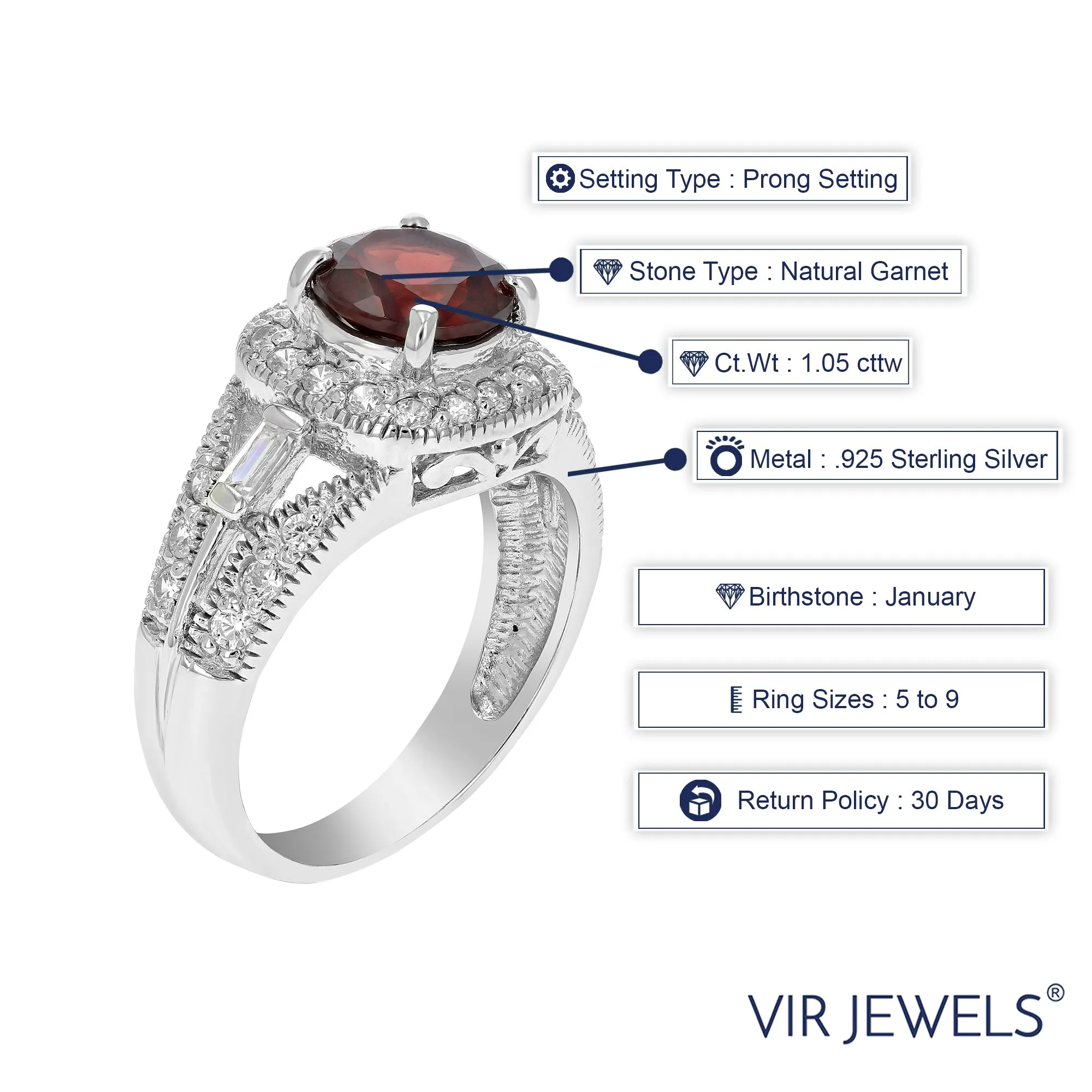 1.05 cttw Garnet Ring .925 Sterling Silver with Rhodium Plating Round Shape 7 MM