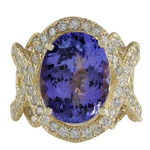 10.62 Carat Natural Tanzanite 14K Yellow Gold Diamond Ring