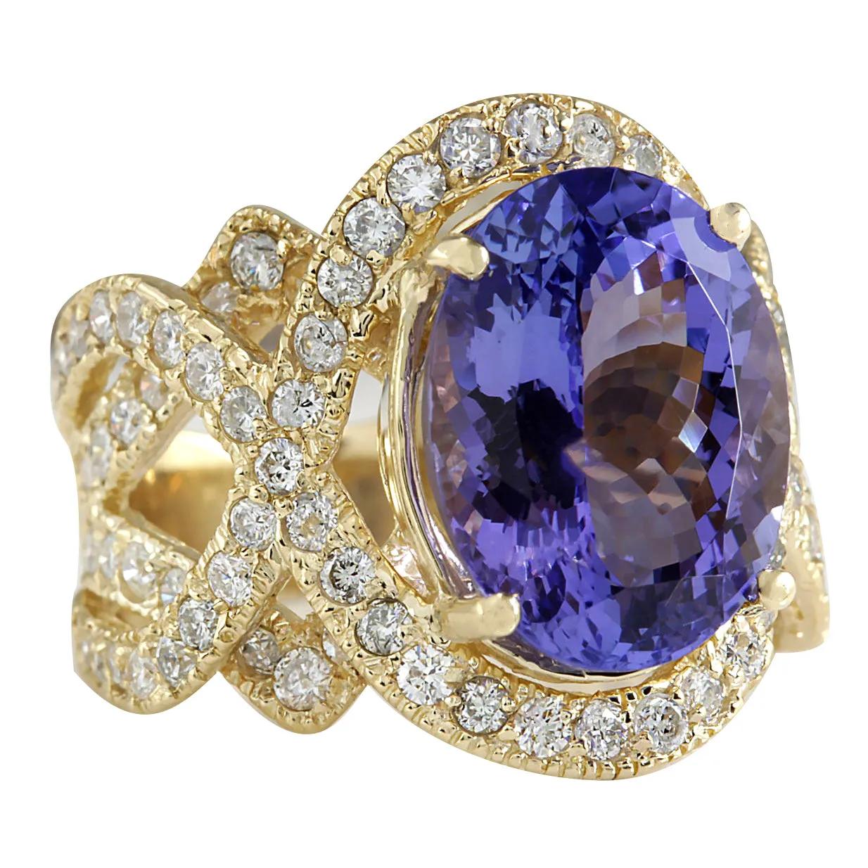 10.62 Carat Natural Tanzanite 14K Yellow Gold Diamond Ring