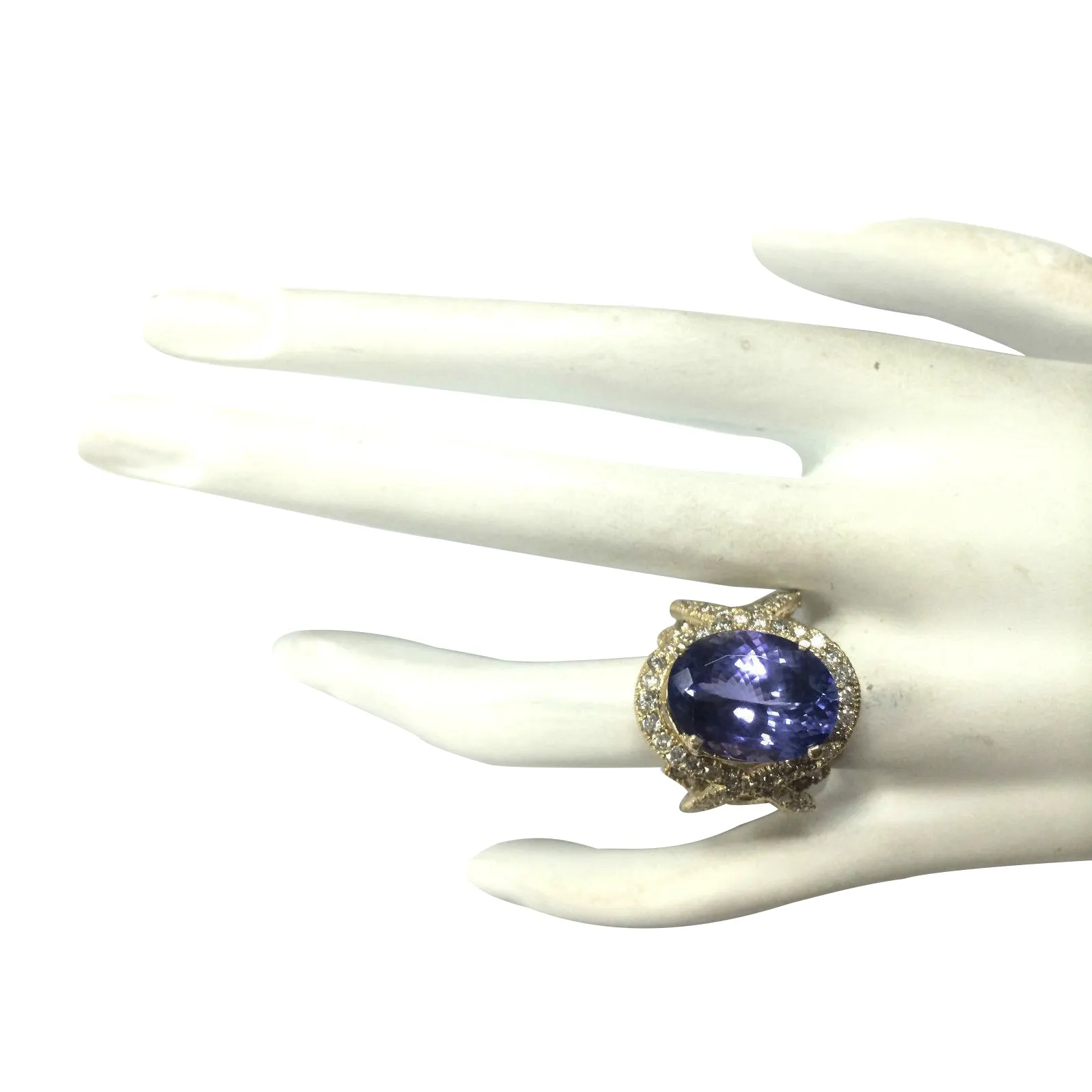 10.62 Carat Natural Tanzanite 14K Yellow Gold Diamond Ring