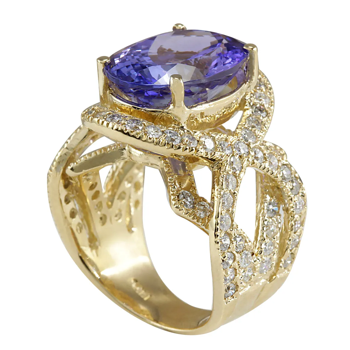 10.62 Carat Natural Tanzanite 14K Yellow Gold Diamond Ring