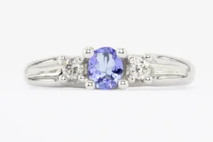 10K White Gold Tanzanite & Diamond 3 Stone Ring