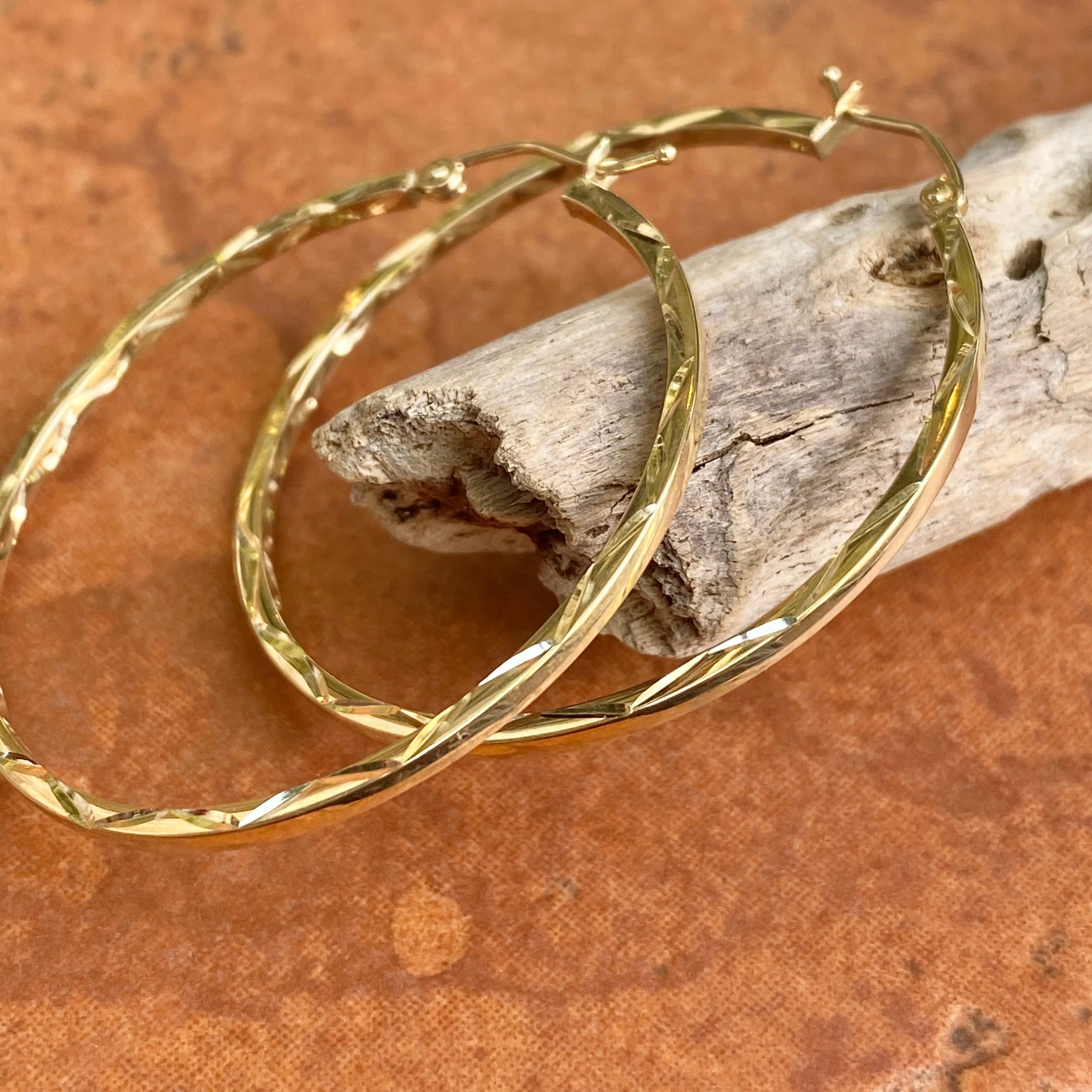 10KT Yellow Gold Polished   Diamond-Cut Hoop Earrings 40mm