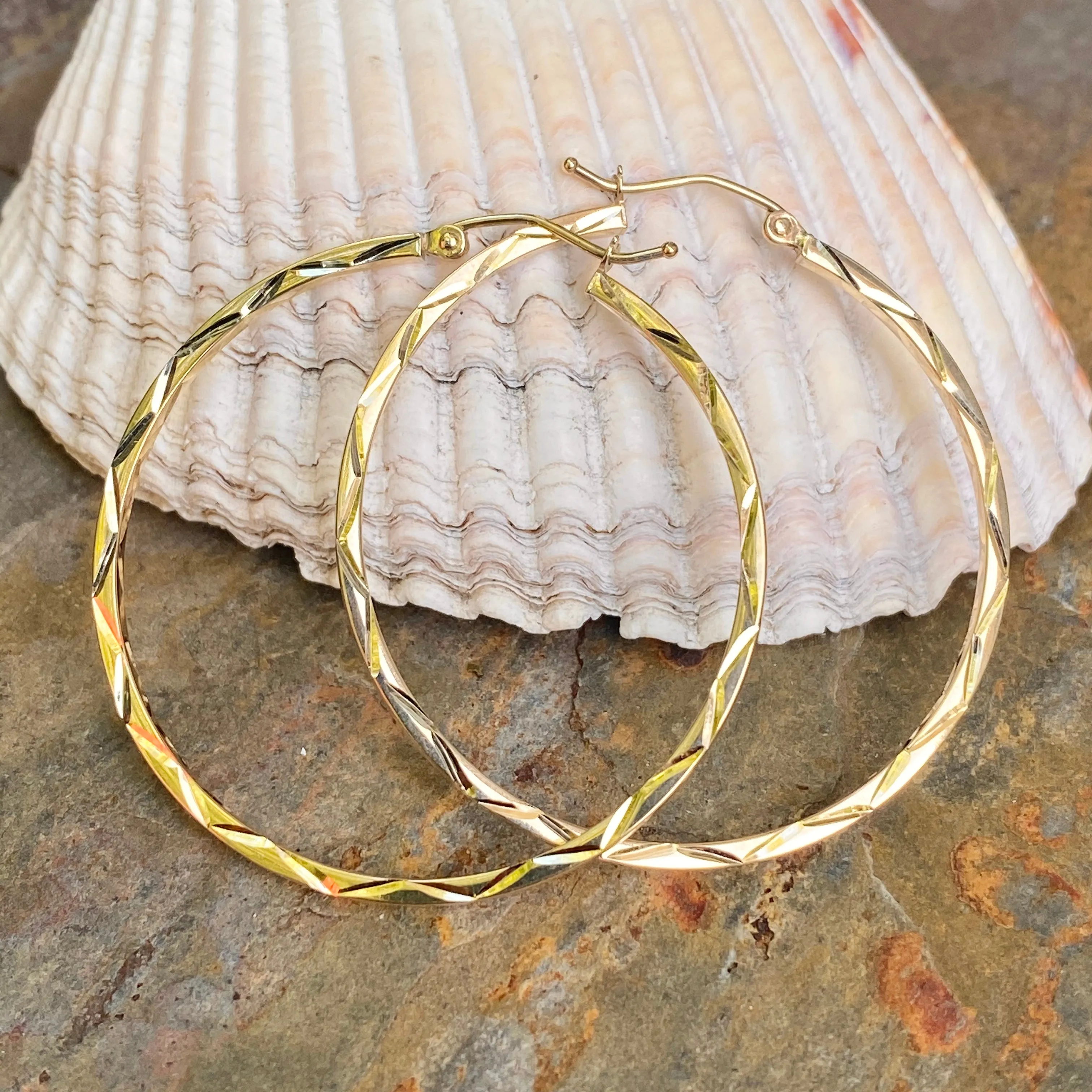 10KT Yellow Gold Polished   Diamond-Cut Hoop Earrings 40mm