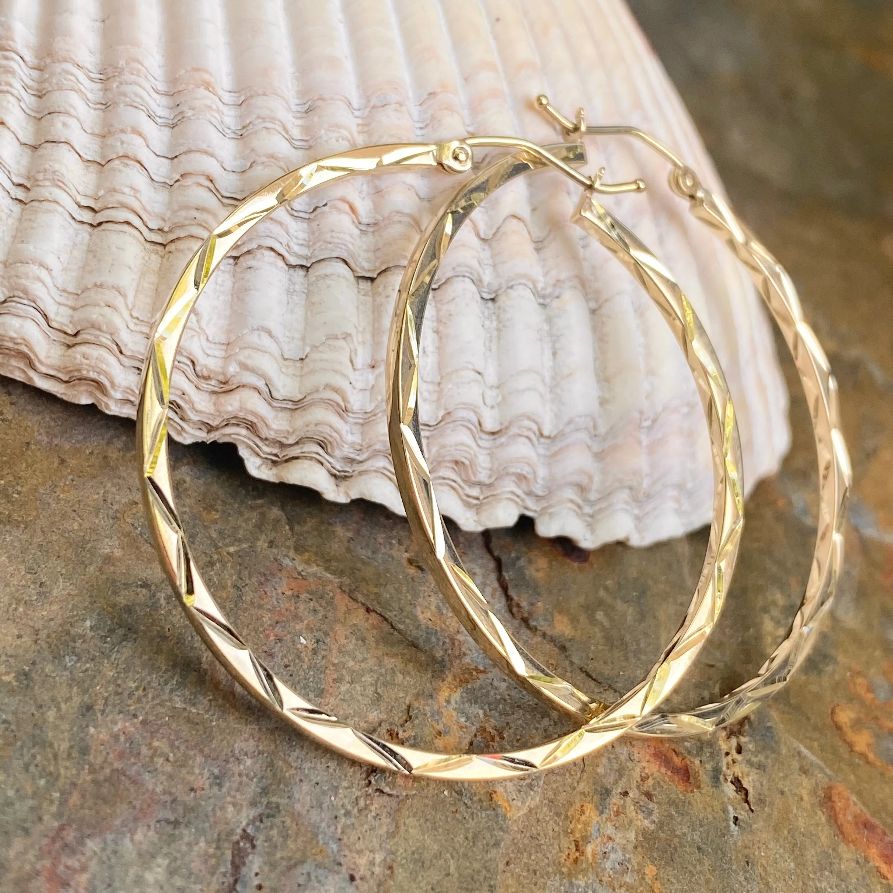 10KT Yellow Gold Polished   Diamond-Cut Hoop Earrings 40mm