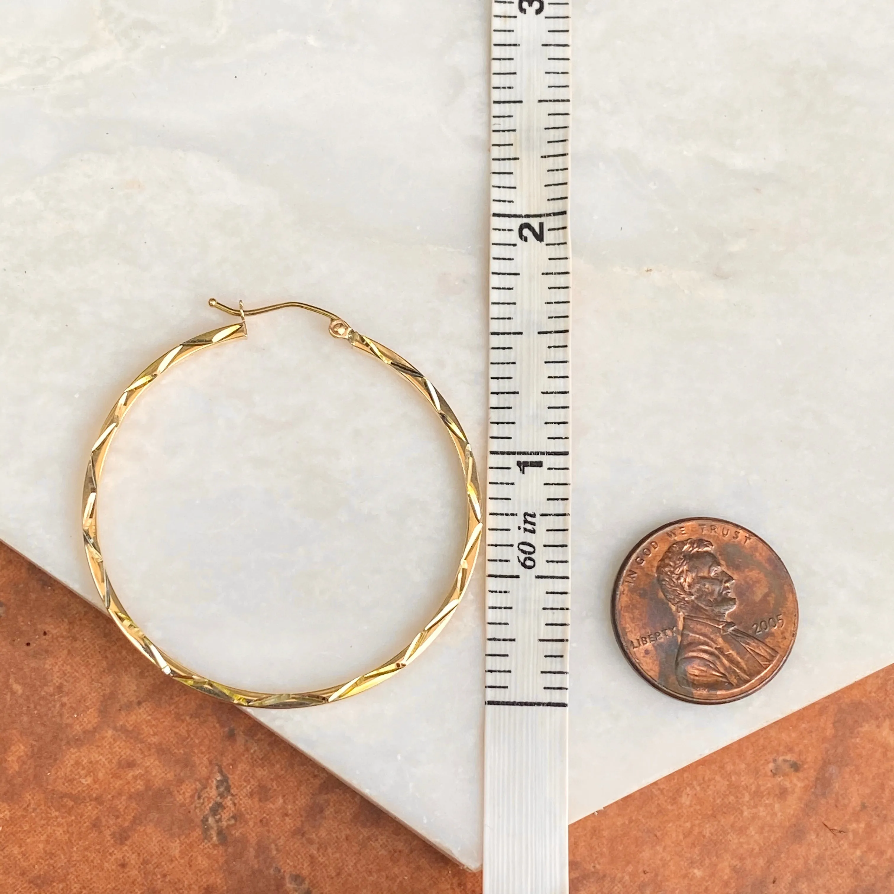 10KT Yellow Gold Polished   Diamond-Cut Hoop Earrings 40mm