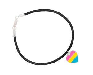12 Pack Pansexual Heart Charm Black Leather Cord Bracelets (12 Bracelets)