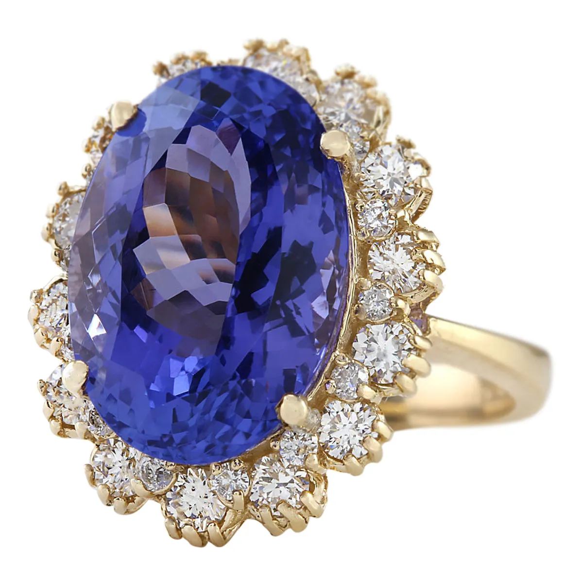 12.38 Carat Natural Tanzanite 14K Yellow Gold Diamond Ring