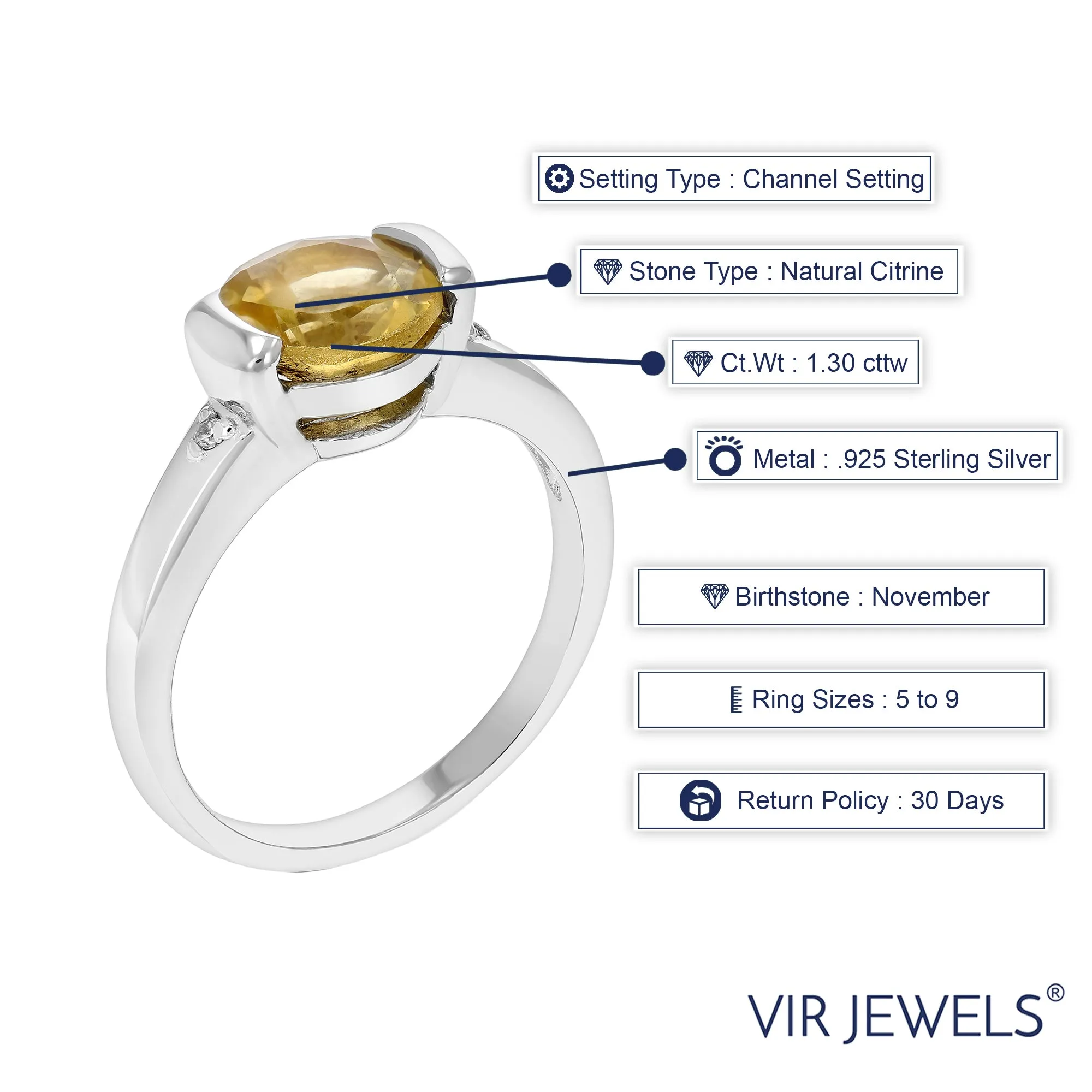 1.30 cttw Citrine Ring in .925 Sterling Silver with Rhodium Plating Round Shape