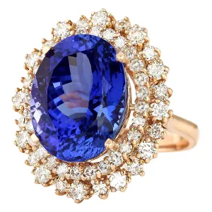 13.49 Carat Natural Tanzanite 14K Rose Gold Diamond Ring