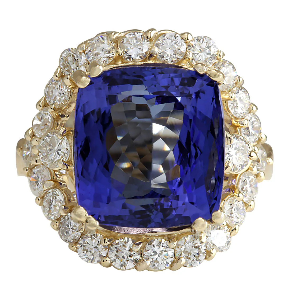 14.68 Carat Natural Tanzanite 14K Yellow Gold Diamond Ring
