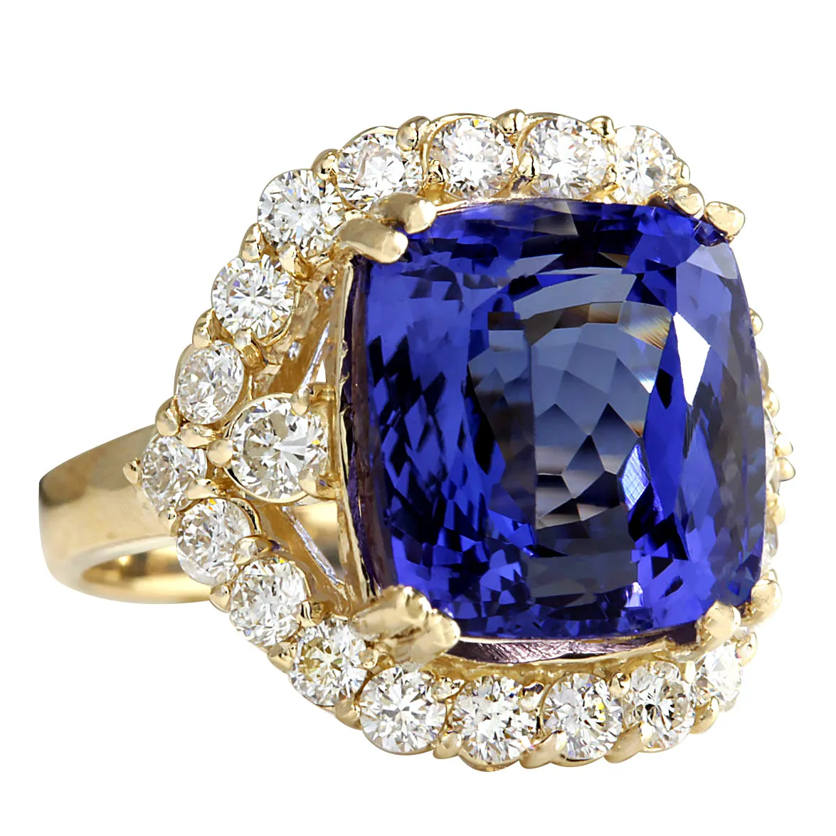 14.68 Carat Natural Tanzanite 14K Yellow Gold Diamond Ring