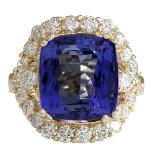 14.68 Carat Natural Tanzanite 14K Yellow Gold Diamond Ring