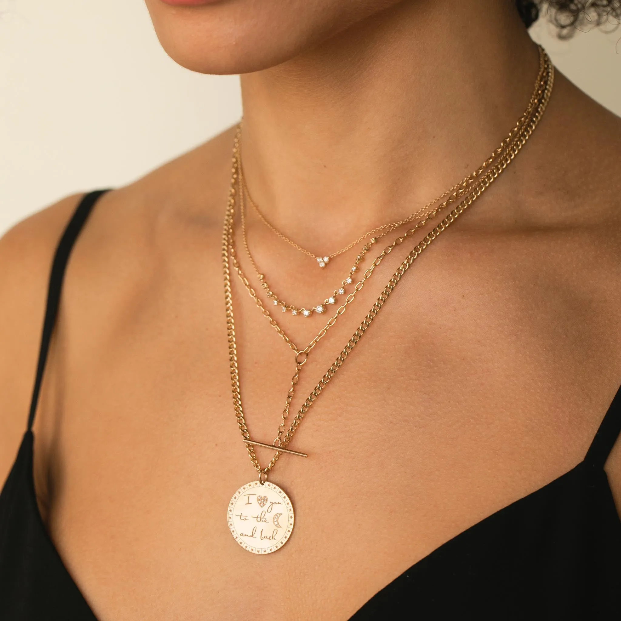 14k Large "I love you to the moon & back" Mantra Small Curb Chain Necklace