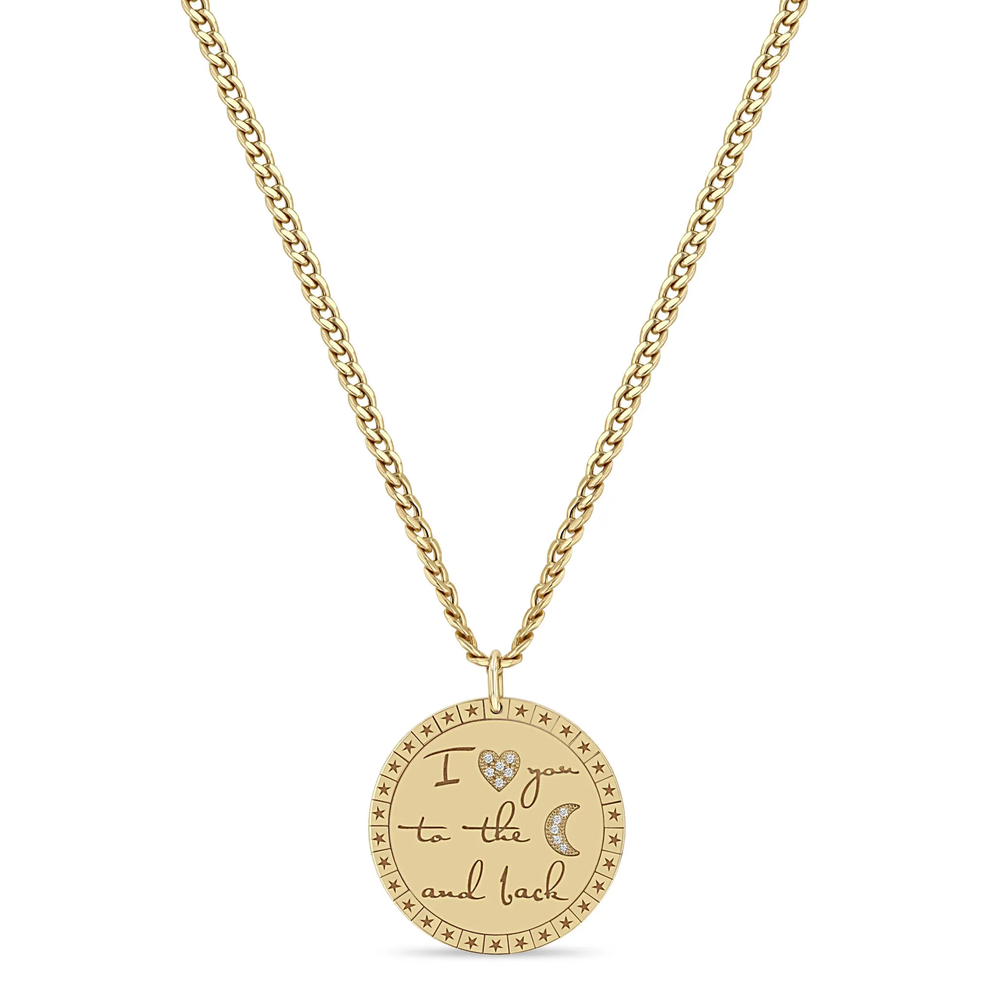 14k Large "I love you to the moon & back" Mantra Small Curb Chain Necklace
