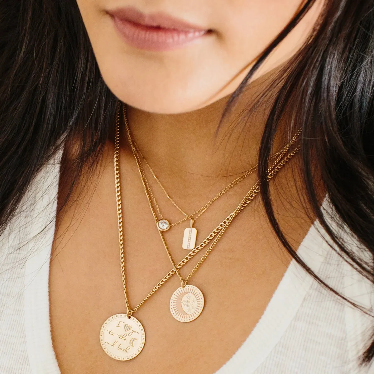 14k Large "I love you to the moon & back" Mantra Small Curb Chain Necklace