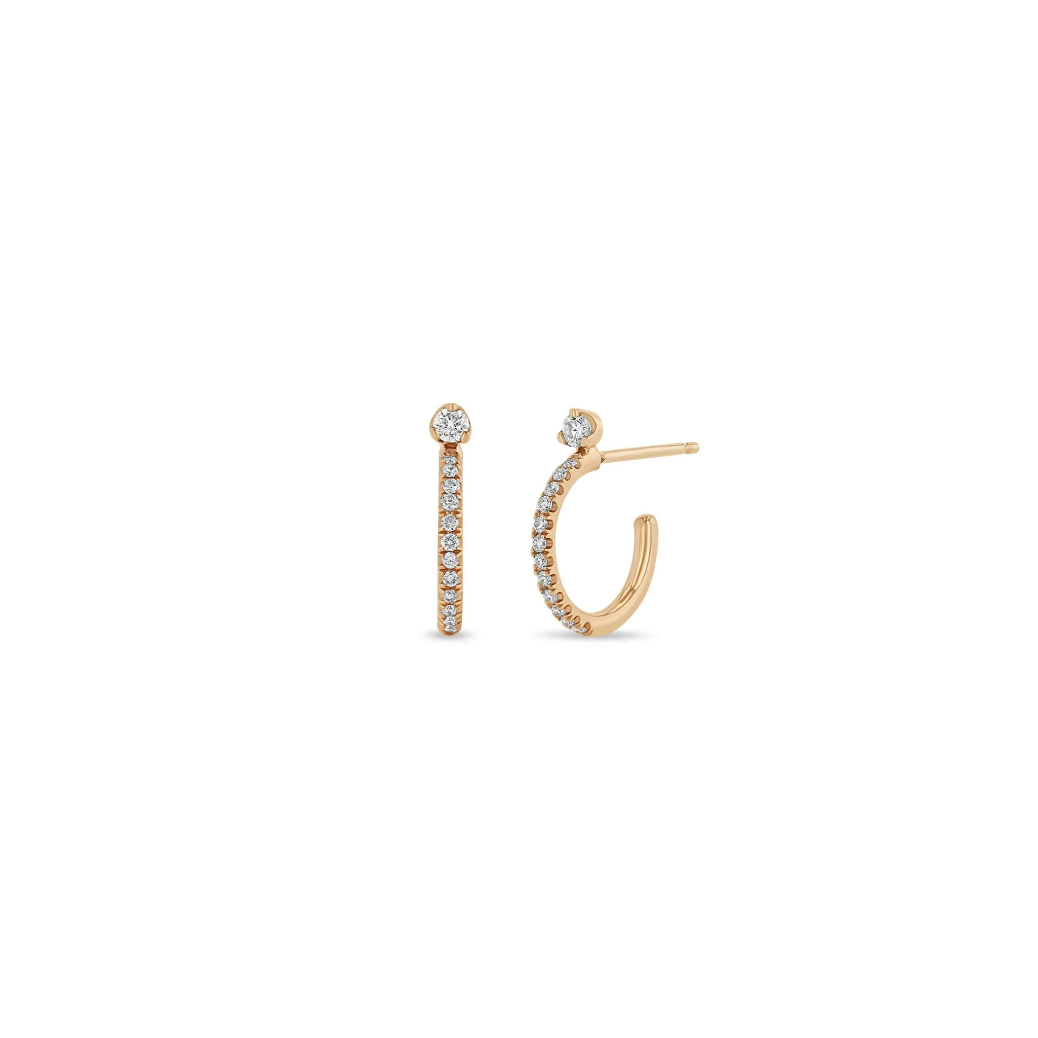 14k Pavé Diamond Thick Huggie Hoops with Prong Diamond