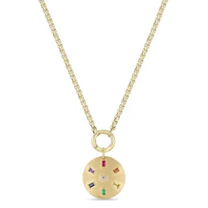 14k Rainbow Baguette & Diamond Brushed Gold Domed Disc Box Chain Enhancer Necklace