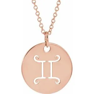 14K Rose Gemini Zodiac Disc 16-18" Necklace