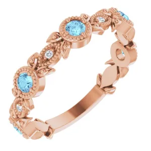 14K Rose Natural Aquamarine & .03 CTW Natural Diamond Leaf Ring