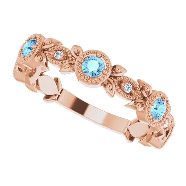 14K Rose Natural Aquamarine & .03 CTW Natural Diamond Leaf Ring