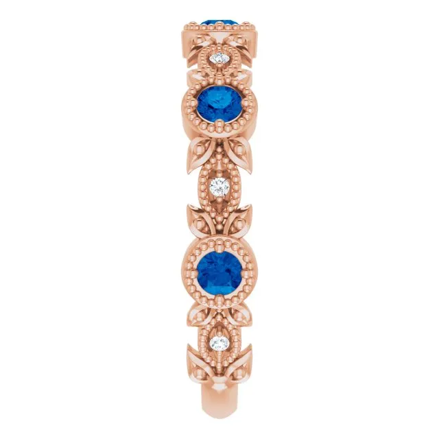 14K Rose Natural Blue Sapphire & .03 CTW Natural Diamond Leaf Ring