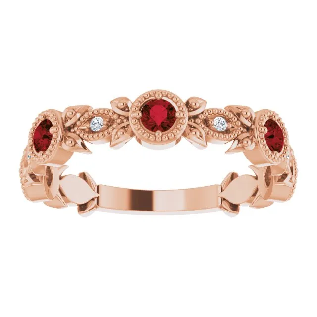 14K Rose Natural Mozambique Garnet & .03 CTW Natural Diamond Leaf Ring