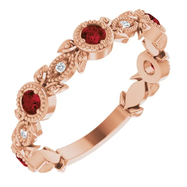 14K Rose Natural Mozambique Garnet & .03 CTW Natural Diamond Leaf Ring