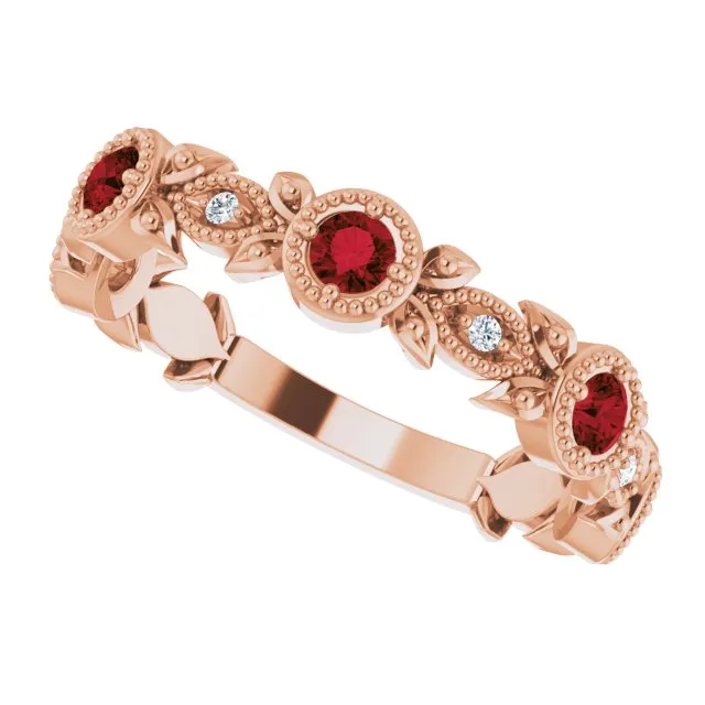 14K Rose Natural Mozambique Garnet & .03 CTW Natural Diamond Leaf Ring