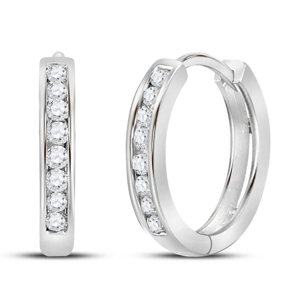 14K White Gold Round Diamond Hoop Earrings 1/4 Cttw