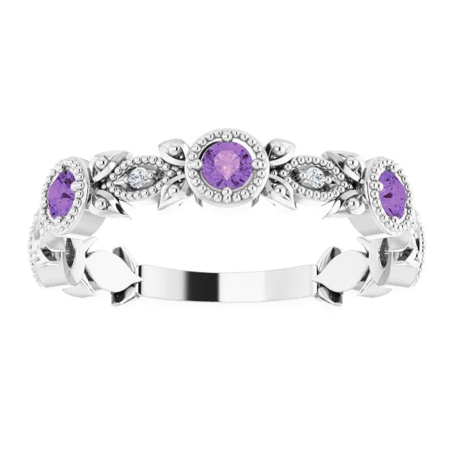 14K White Natural Amethyst & .03 CTW Natural Diamond Leaf Ring