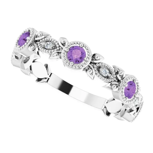 14K White Natural Amethyst & .03 CTW Natural Diamond Leaf Ring