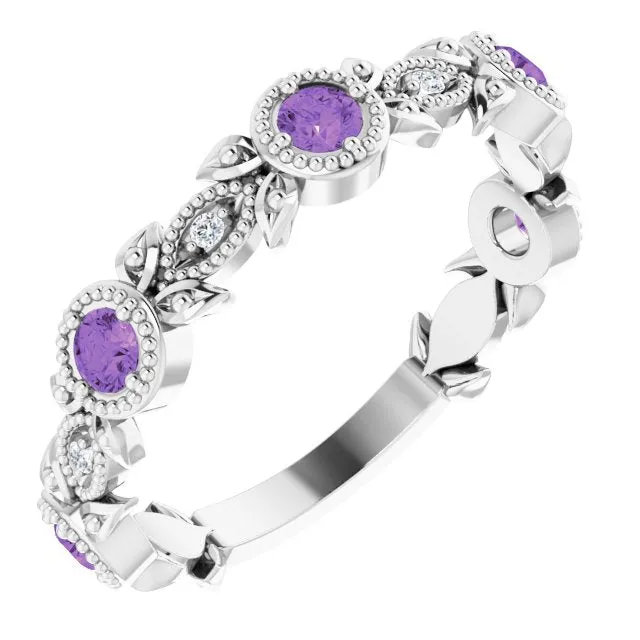 14K White Natural Amethyst & .03 CTW Natural Diamond Leaf Ring