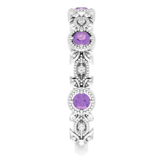 14K White Natural Amethyst & .03 CTW Natural Diamond Leaf Ring