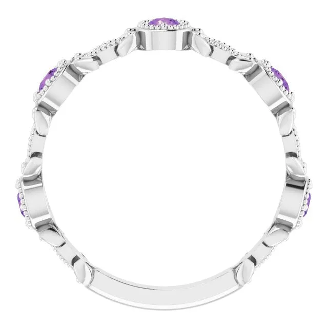14K White Natural Amethyst & .03 CTW Natural Diamond Leaf Ring
