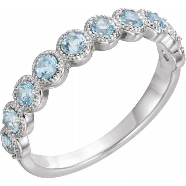 14K White Natural Aquamarine Beaded Ring