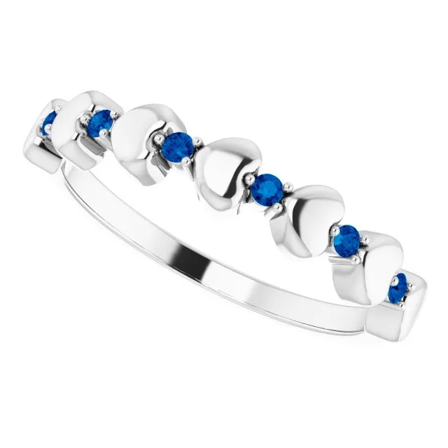 14K White Natural Blue Sapphire Heart Stackable Ring