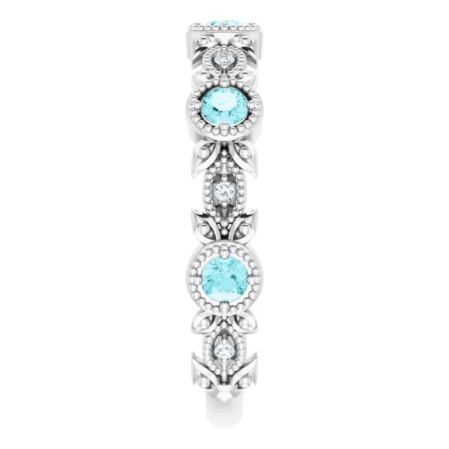 14K White Natural Blue Zircon & .03 CTW Natural Diamond Leaf Ring