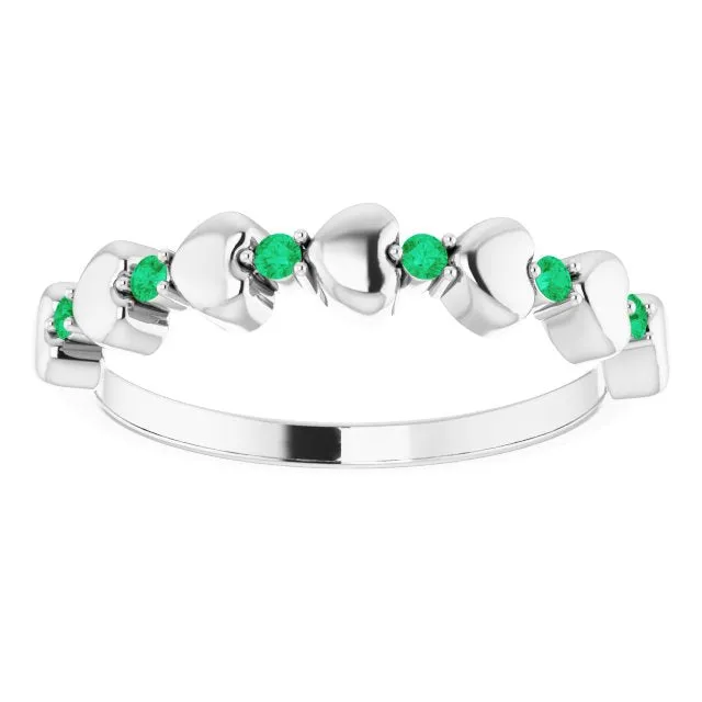 14K White Natural Emerald Heart Stackable Ring