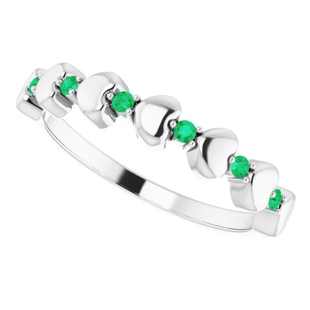 14K White Natural Emerald Heart Stackable Ring