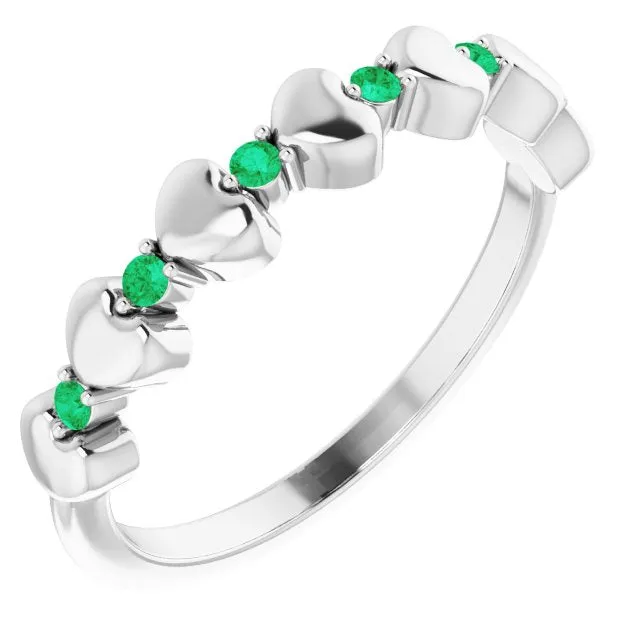 14K White Natural Emerald Heart Stackable Ring