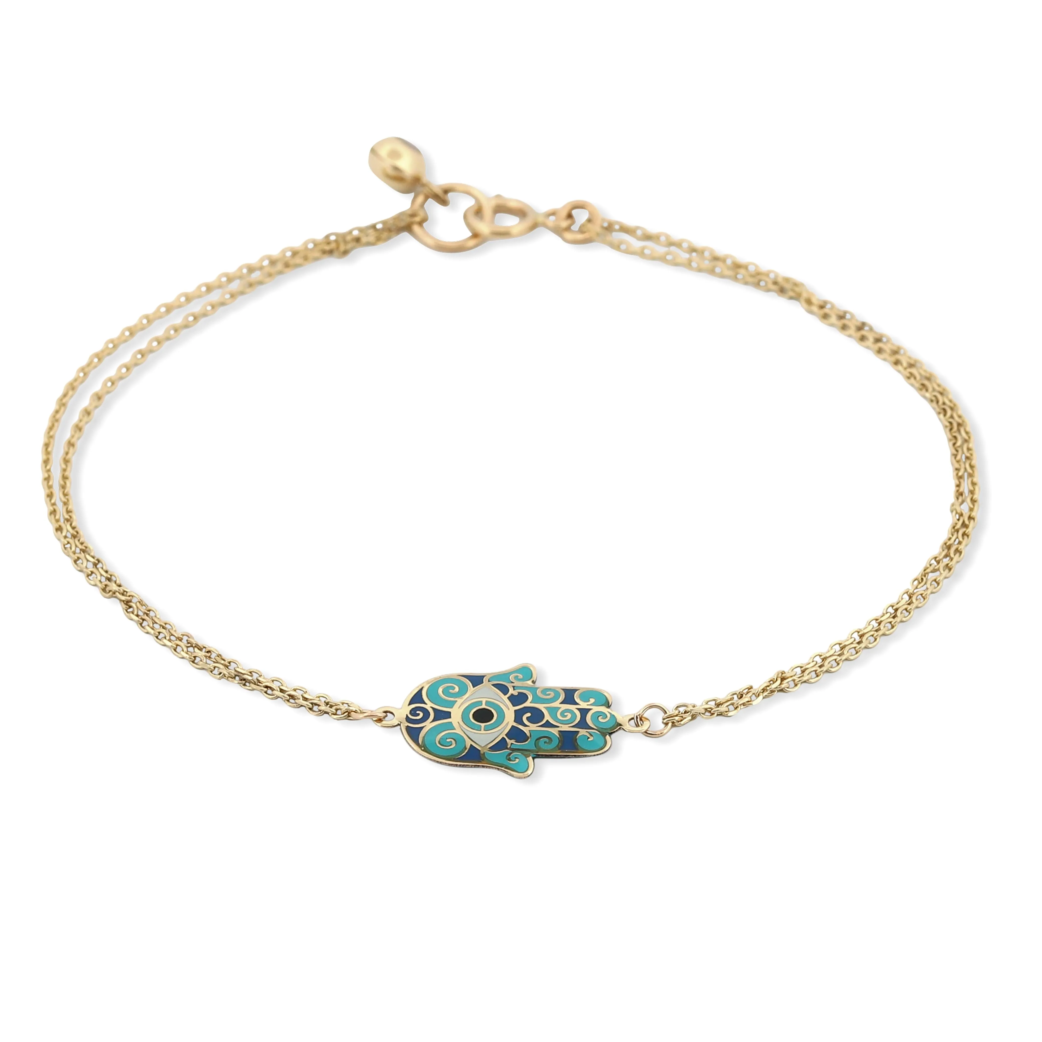 14k Yellow Gold Blue Enamel Hamsa Double Chain Bracelet New