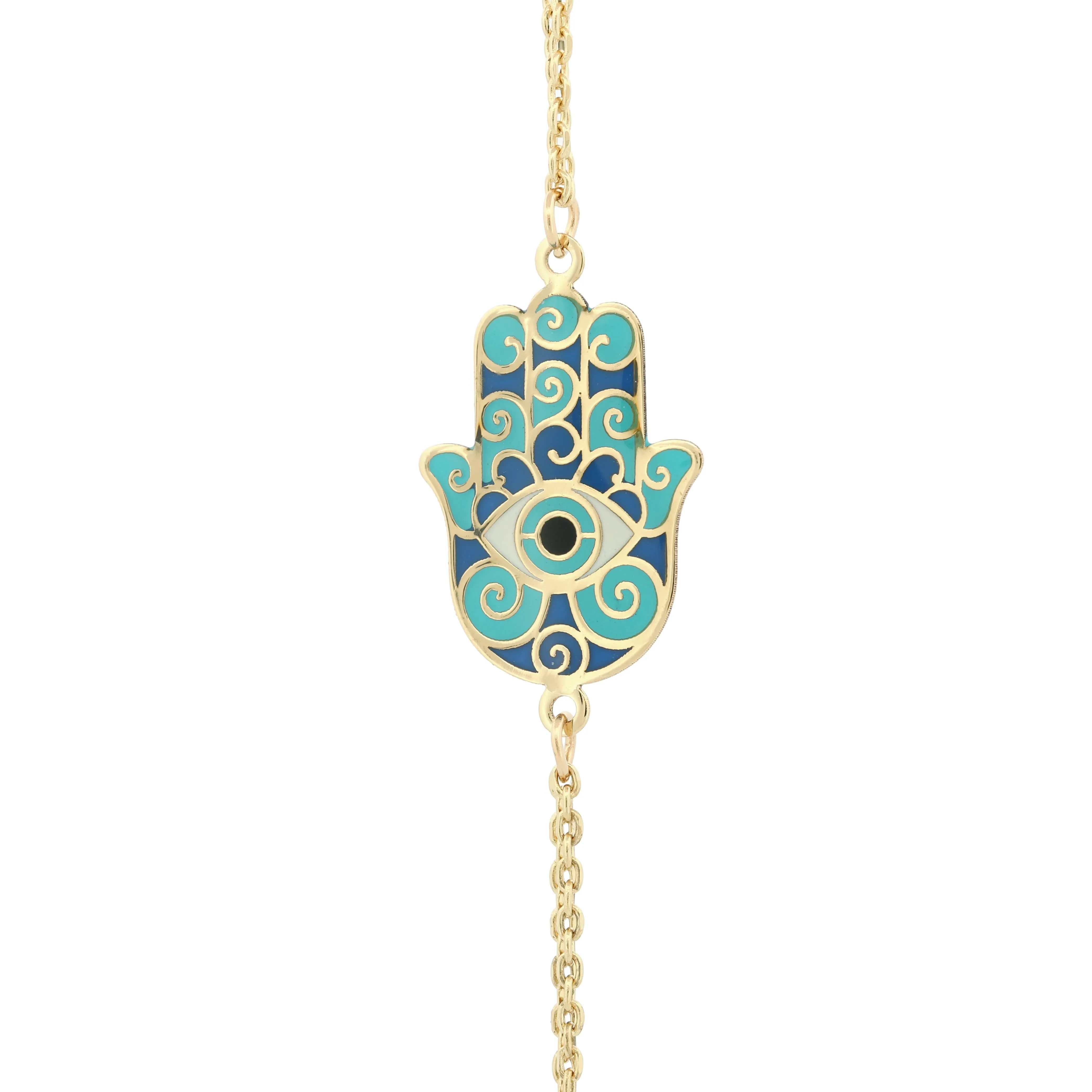 14k Yellow Gold Blue Enamel Hamsa Double Chain Bracelet New
