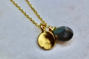14K Yellow Gold Labradorite Hammered Disc Necklace, Labradorite, Handmade Hammered Disc Pendant, Unique Labradorite Necklace