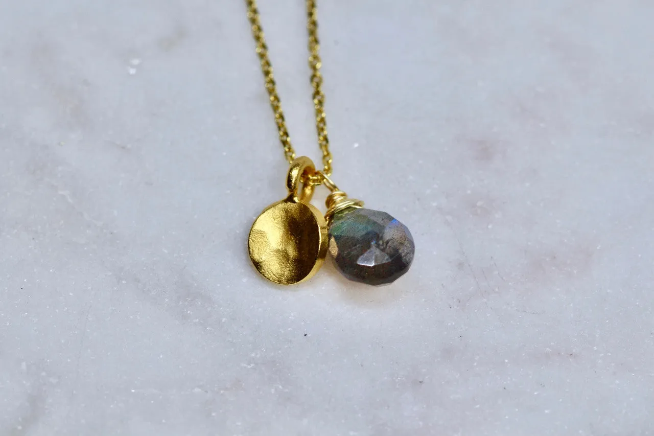 14K Yellow Gold Labradorite Hammered Disc Necklace, Labradorite, Handmade Hammered Disc Pendant, Unique Labradorite Necklace