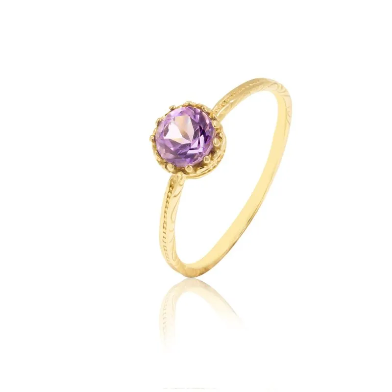 14K Yellow Gold Round Purple Amethyst 5mm Ring